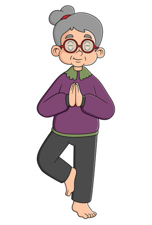 an old active lady, who is dressed in a sport wear. She is doing yoga of illustrationのイラスト素材