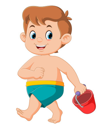 Cartoon little boy carrying red bucket of illustrationのイラスト素材