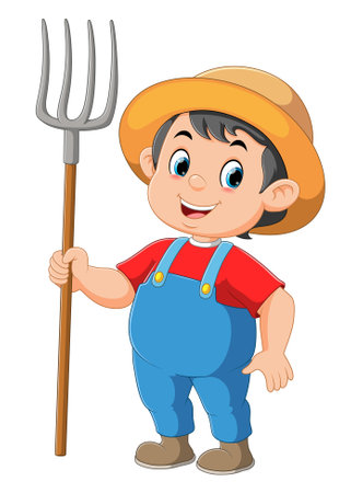 happy boy farmer holding a rake of illustrationのイラスト素材