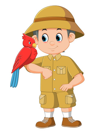 A zookeeper playing with bird isolated on white background of illustrationのイラスト素材