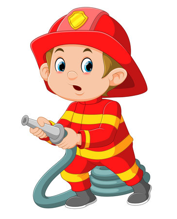 Cartoon firefighter holding a fire hose of illustrationのイラスト素材