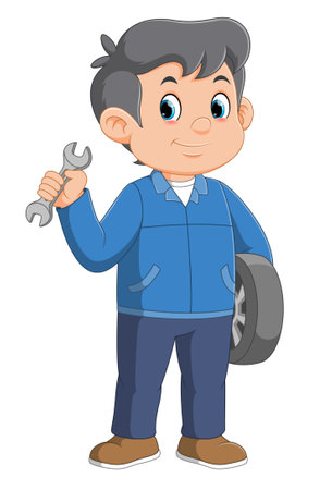 smiling Cartoon Car mechanic, holding wrench and tire of illustrationのイラスト素材