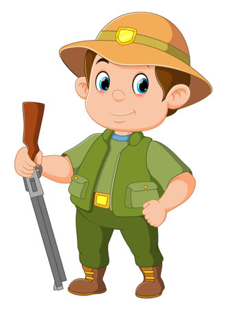Funny male hunter holding a rifle of illustrationのイラスト素材