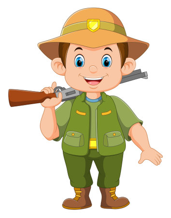 Hunter holding rifle on his shoulder. Male character in cartoon style of illustrationのイラスト素材