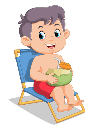 Cartoon little boy relaxing with coconut drink on beach chair of illustrationのイラスト素材