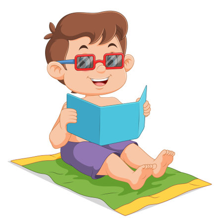 Cartoon little boy relaxing and reading map of illustrationのイラスト素材