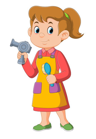 cheerful woman hairstylist hold hair dryer professional of illustrationのイラスト素材