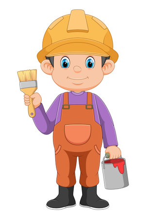 A painter decorator construction handyman cartoon man holding a paintbrush brush of illustrationのイラスト素材
