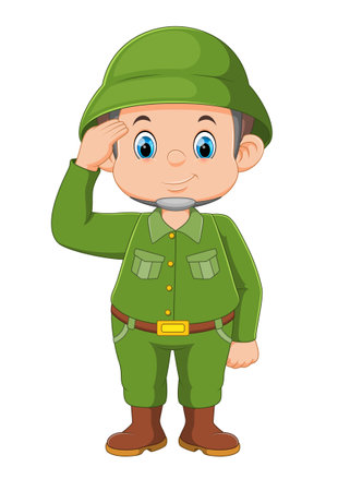 Cartoon army soldier saluting on white background of illustrationのイラスト素材