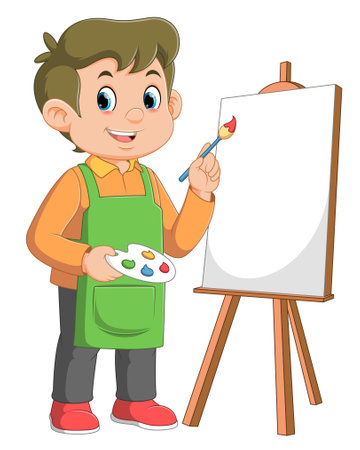 Cartoon boy painting on white background of illustrationのイラスト素材