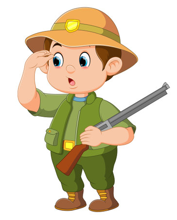 hunter with gun standing and looking of illustrationのイラスト素材
