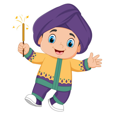 cute Indian boy holding firework character design for Diwali festival of illustrationのイラスト素材