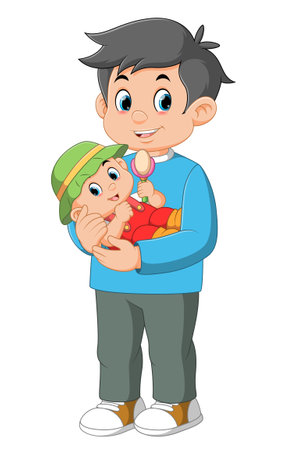 Father and his adorable baby having fun with toys of illustrationのイラスト素材