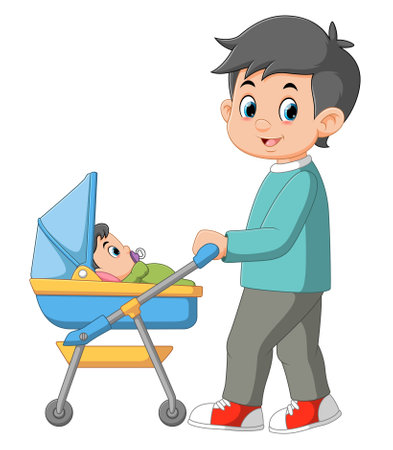 Young smiling man father walking with his baby in stroller of illustrationのイラスト素材