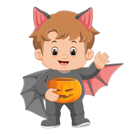 Cute Boy in Bright Halloween Bat Costume Celebrate Holiday of illustrationのイラスト素材