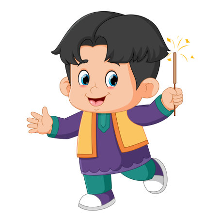 Indian boy holding firework character design for Diwali festival of illustrationのイラスト素材