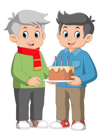 Happy grandfather getting a birthday cake of illustrationのイラスト素材