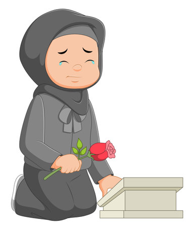 Woman visiting her parents grave of illustrationのイラスト素材