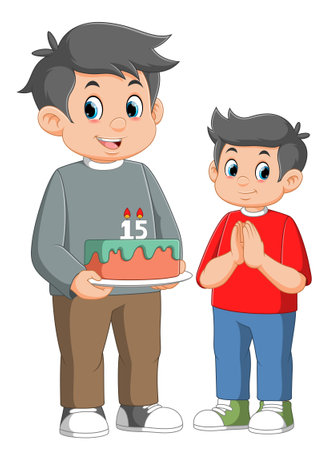 Father and son holding birthday cakes of illustrationのイラスト素材