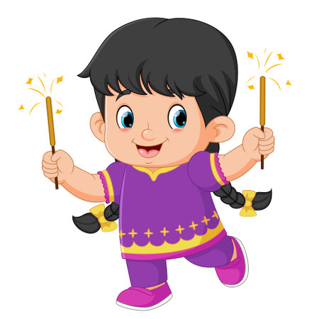 cute Indian girl holding firework character design for Diwali festival of illustrationのイラスト素材
