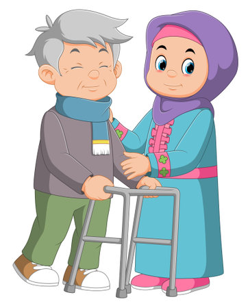 Adult daughter helping his father use a walker of illustrationのイラスト素材