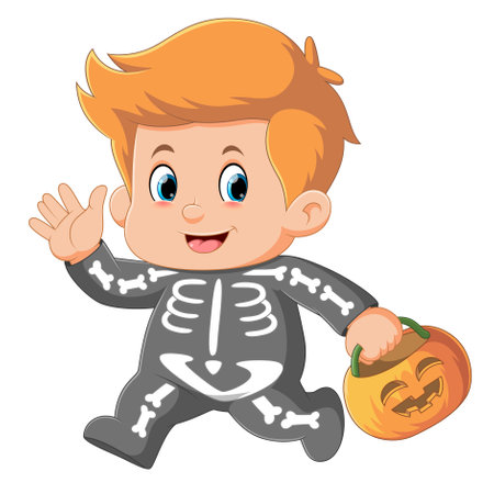 Cartoon boy wearing halloween skeleton costume holding pumpkin basket of illustrationのイラスト素材