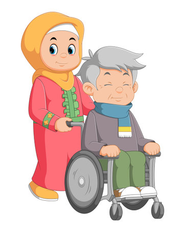The old man on a wheelchair and his adult daughter of illustrationのイラスト素材