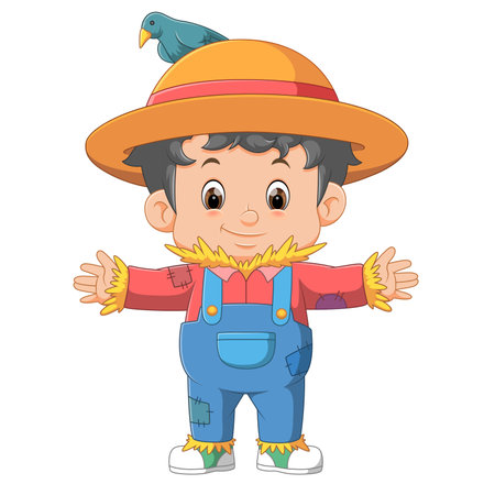 Funny Boy Dressed in Ragged Scarecrow Halloween Costume of illustrationのイラスト素材