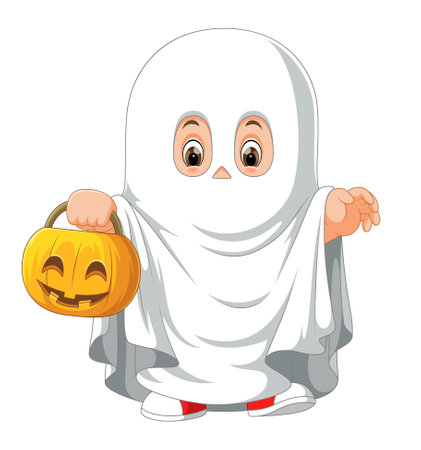 Cute kid in a ghost costume celebrating Halloween of illustrationのイラスト素材