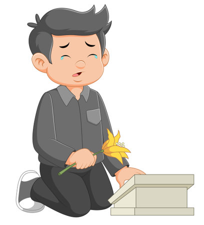 A young man visiting his parents grave of illustrationのイラスト素材