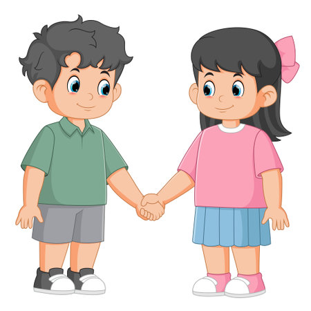 Cartoon happy boy and girl holding hands of illustrationのイラスト素材