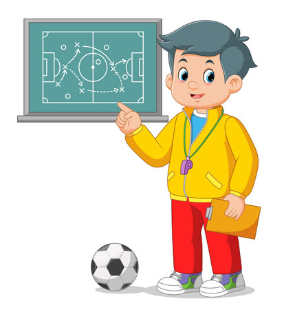 Soccer coach man drawing game plan on chalk board playbook of illustrationのイラスト素材
