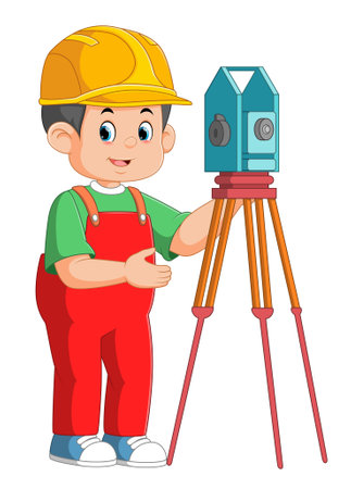 Young man working with total station theodolite of illustrationのイラスト素材