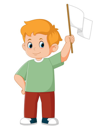 Cute boy holding white blank flags of illustrationのイラスト素材