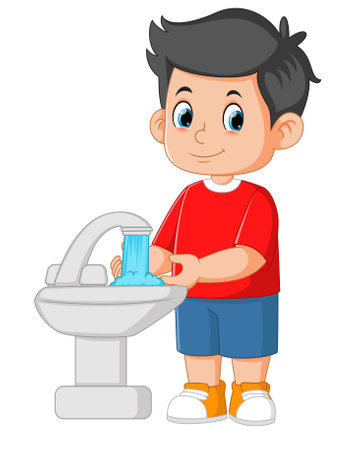 Cartoon little boy washing his hands of illustrationのイラスト素材