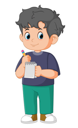Cartoon little boy holding a notebook and pencil of illustrationのイラスト素材