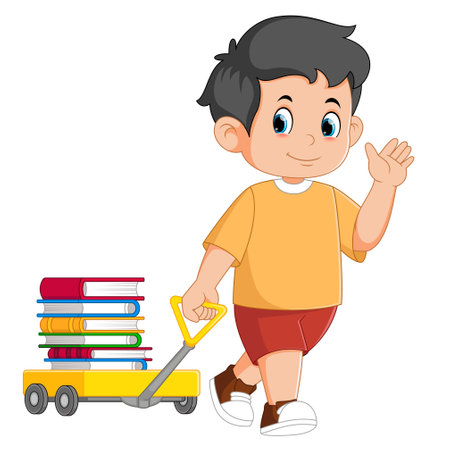Cartoon little boy pulling wagon cart with pile of books of illustrationのイラスト素材