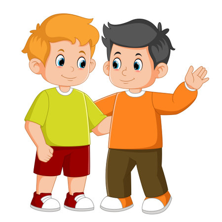 Cartoon funny two little boys hugging of illustrationのイラスト素材
