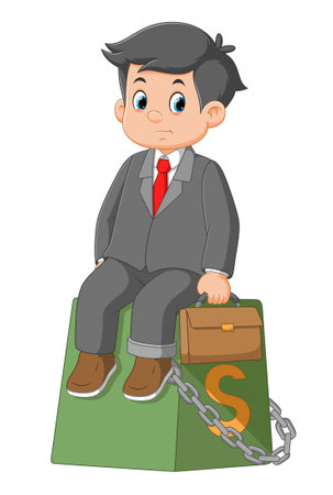 Business man chained to his big heavy debt weight with shackles of illustrationのイラスト素材