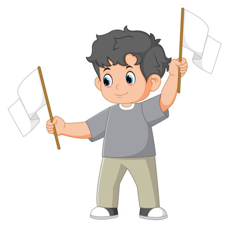 Cartoon boy holding white blank flags of illustrationのイラスト素材