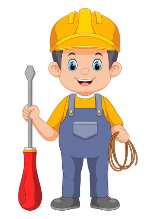 Electrician Engineer Working Man Character With Cable of illustrationのイラスト素材