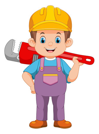 Friendly plumber wearing dressed in work clothes and carrying a tool of illustrationのイラスト素材