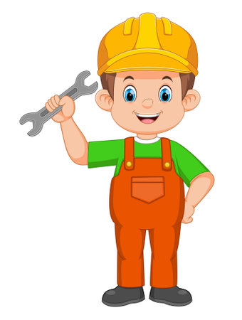 construction worker holding a spanner or wrench of illustrationのイラスト素材