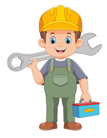 Happy Mechanic Man Holding Huge Wrench for Service of illustrationのイラスト素材