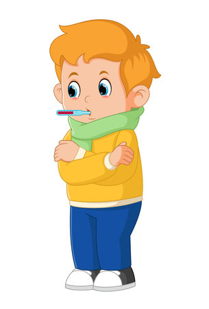 Little boy sick with thermometer in mouth of illustrationのイラスト素材