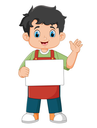 Small business owner smiling in barista apron holding empty sign of illustrationのイラスト素材