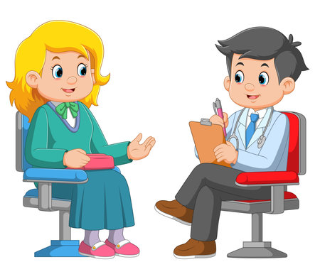 Patient woman talking to primary care physician man of illustrationのイラスト素材