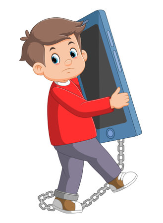 Young depressed and sad man chained and shackled to a big mobile smart phone of illustrationのイラスト素材