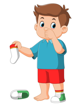 Standing boy kid holding dirty smelling sock in hand closing nose of illustrationのイラスト素材