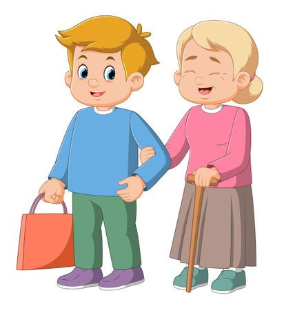 Young man social worker helping elder woman with grocery shopping of illustrationのイラスト素材